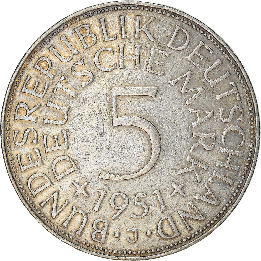 Coin, GERMANY - FEDERAL REPUBLIC, 5 Mark, 1951, Hamburg, EF(40-45), Silver