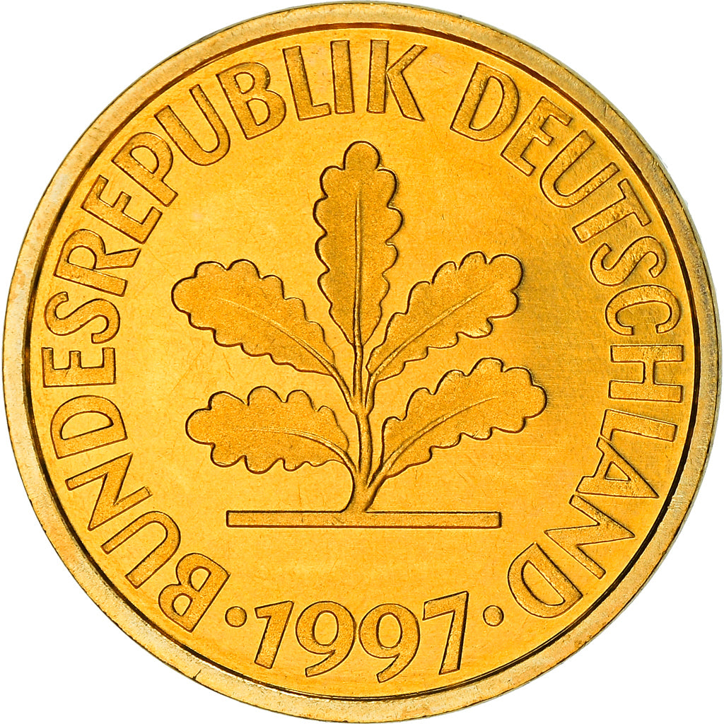 Coin, GERMANY - FEDERAL REPUBLIC, 10 Pfennig, 1997, Karlsruhe, BE, MS(63), Brass
