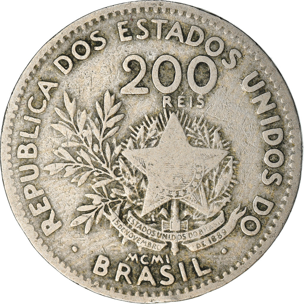 Moneta, Brasile, 200 Reis, 1889, MB, Rame-nichel, KM:504