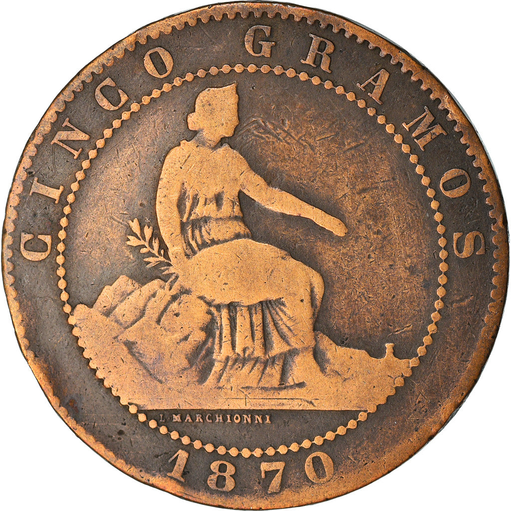 Coin, Spain, Provisional Government, 5 Centimos, 1870, Madrid, VF(20-25)