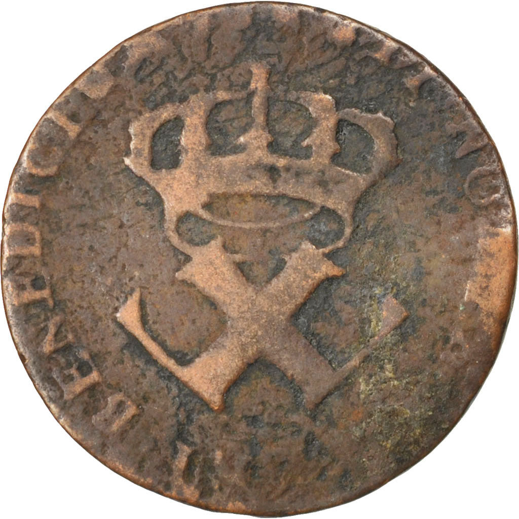 FRENCH COLONIES, 9 Deniers, 1722, La Rochelle, KM #5.2, VG(8-10), Copper,...