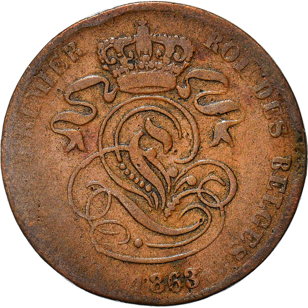 Moneta, Belgia, Leopold I, 2 Centimes, 1863, VF(20-25), Miedź, KM:4.2