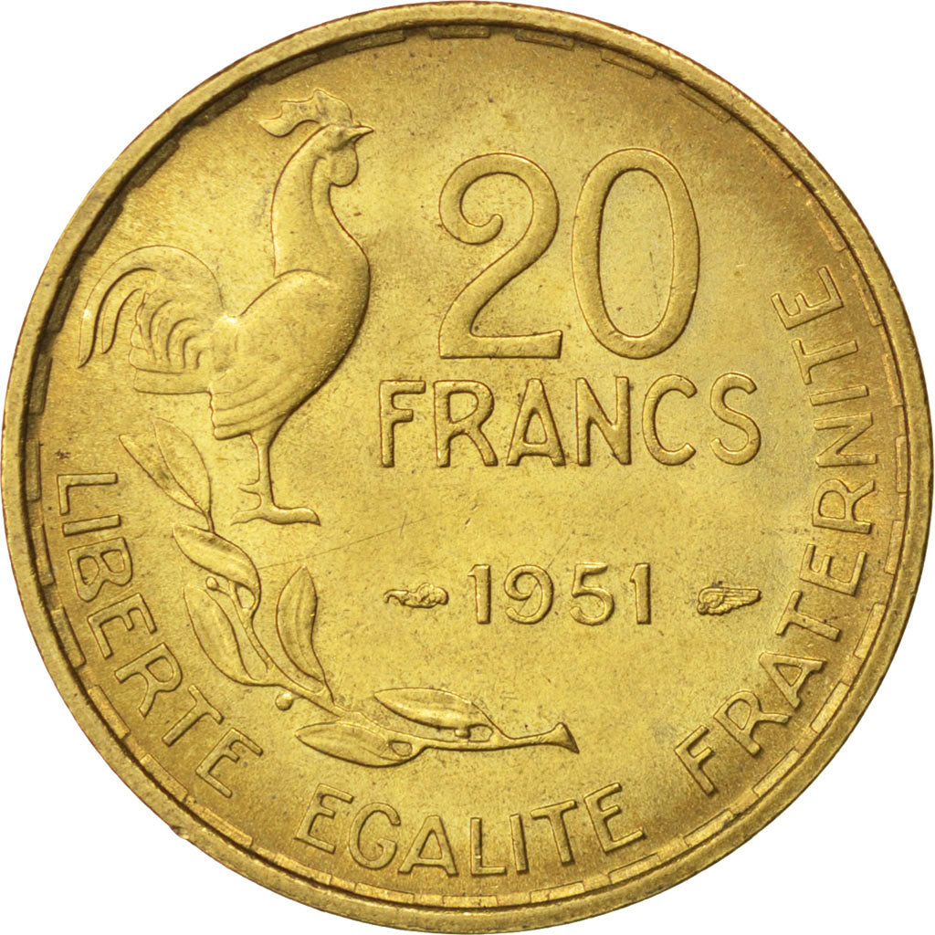 FRANCE, Guiraud, 20 Francs, 1951, Paris, KM #917.1, AU(55-58), Aluminum-Bronze,.