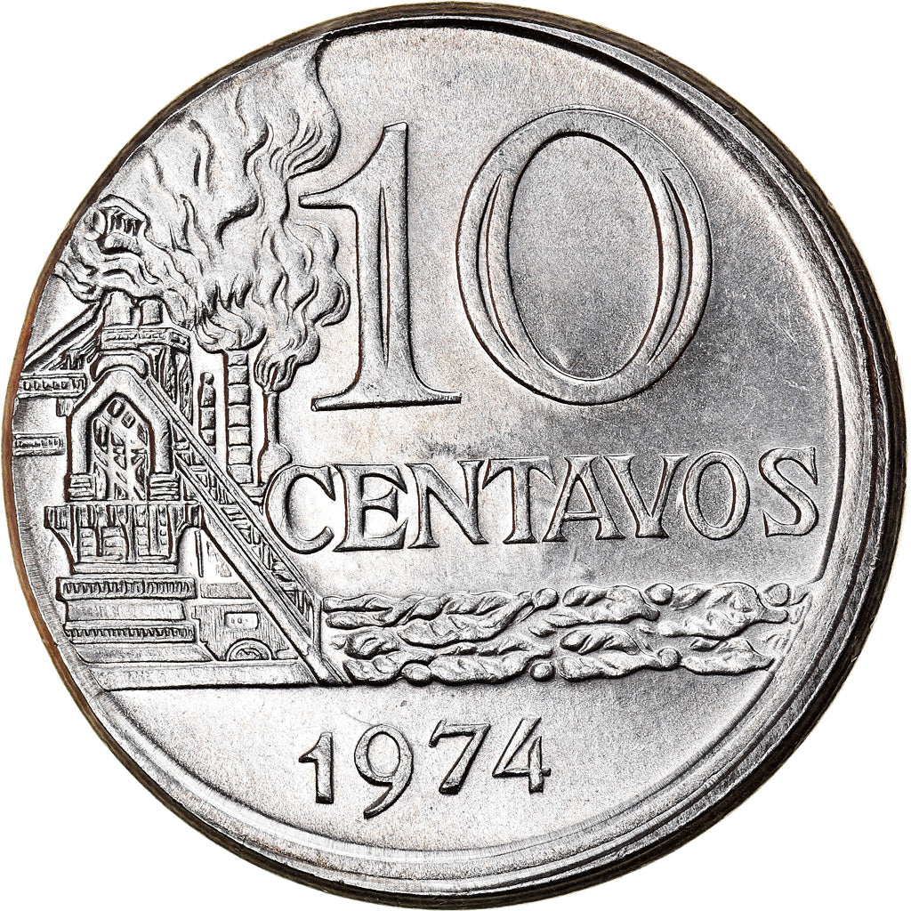 Moneda, Brasil, 10 Centavos, 1974, error broadstruck, EBC, Acero inoxidable