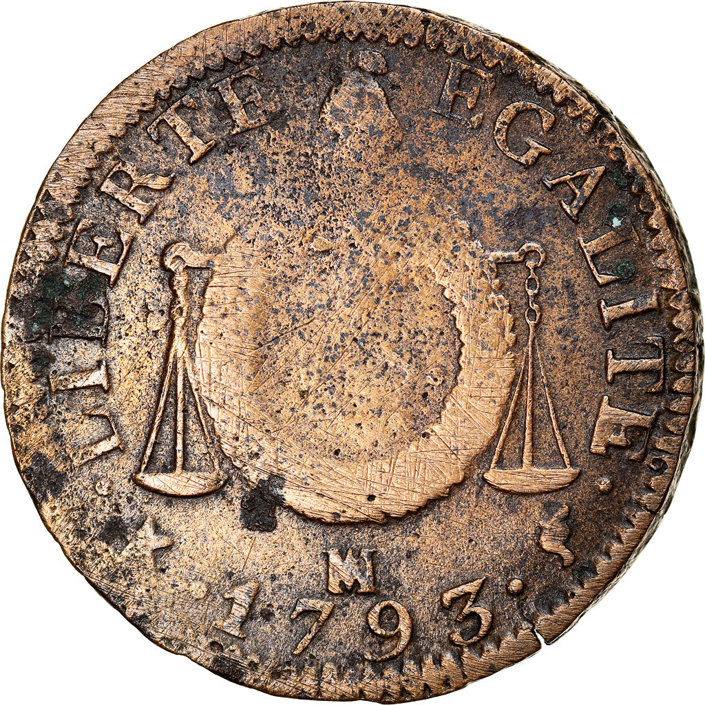 Monnaie, France, Sol aux balances françoise, Sol, 1793, Marseille, TB, Bronze