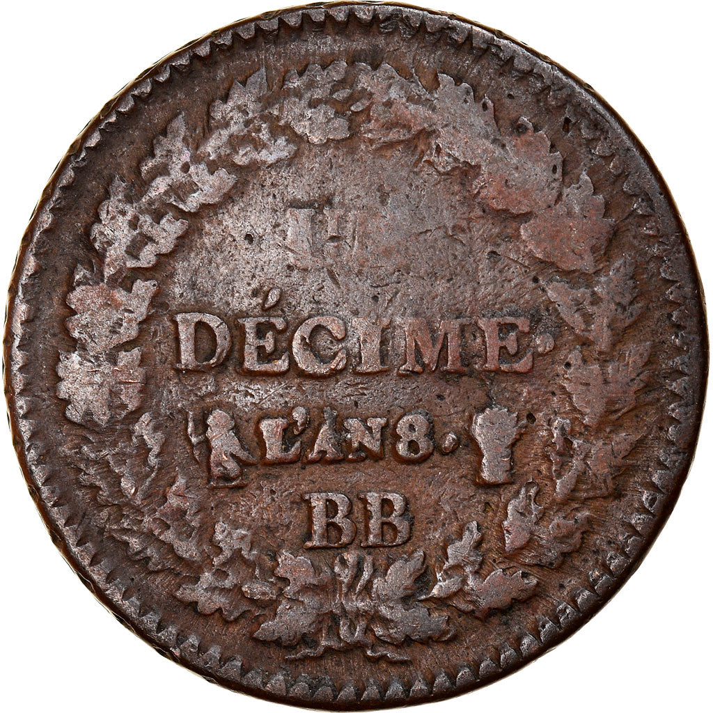 Moneda, Francia, Dupré, Decime, AN 8, Strasbourg, BC+, Bronce, KM:644.4