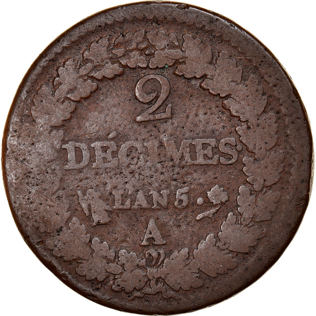 Monnaie, France, Dupré, 2 Décimes, AN 5, Paris, TB, Bronze, Gadoury:300