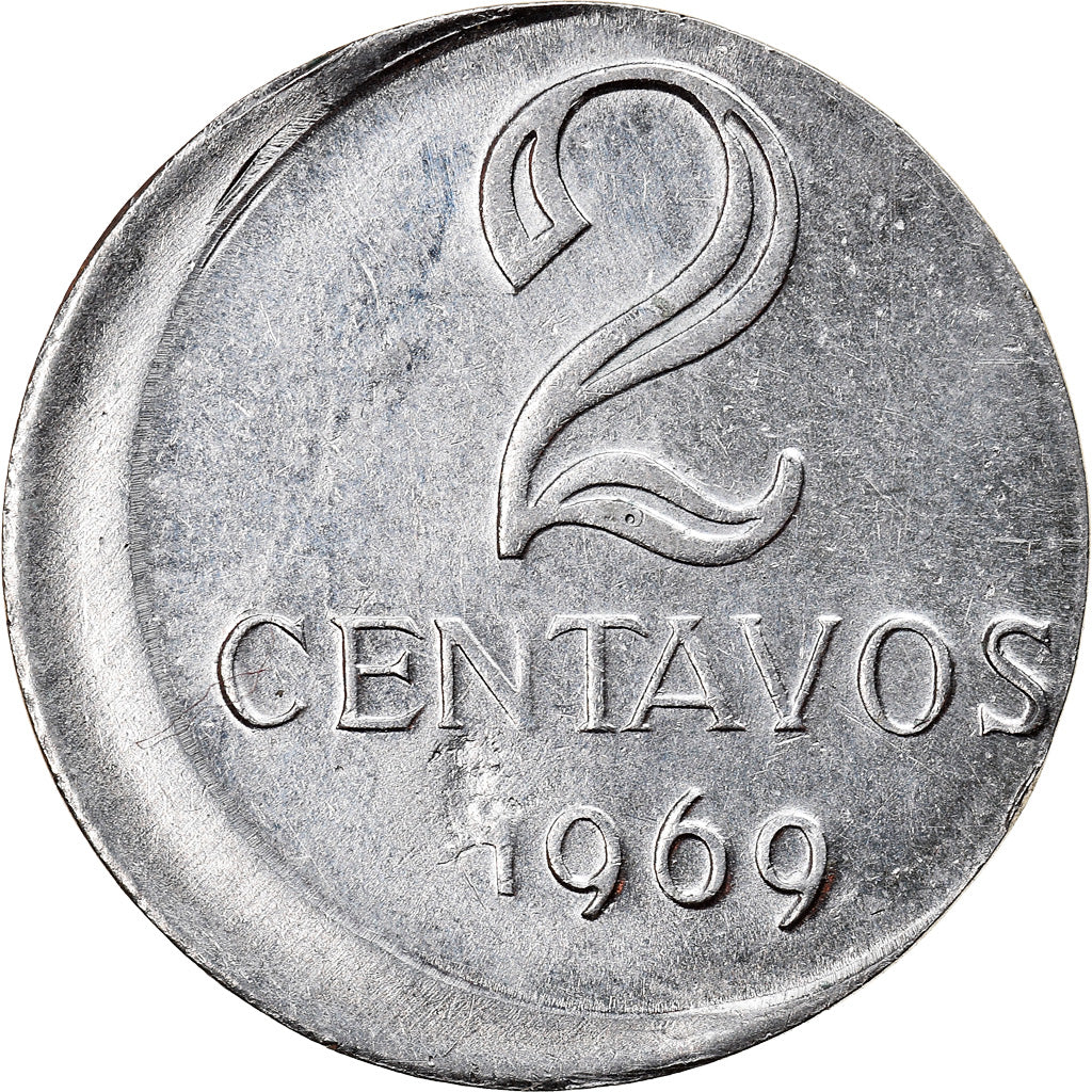 Coin, Brazil, 2 Centavos, 1969, error off center strike, AU(50-53), Stainless