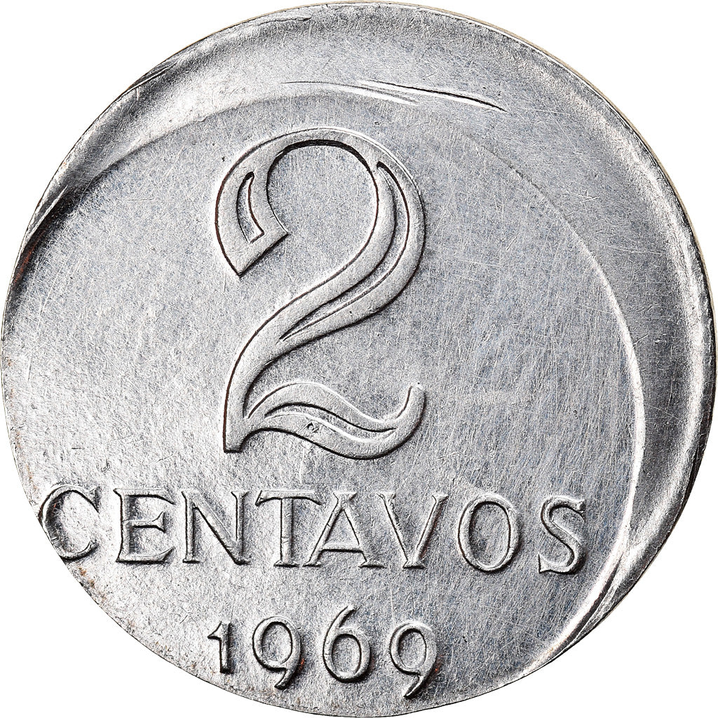 Moeda, Brasil, 2 Centavos, 1969, error off center strike, AU(50-53), Aço