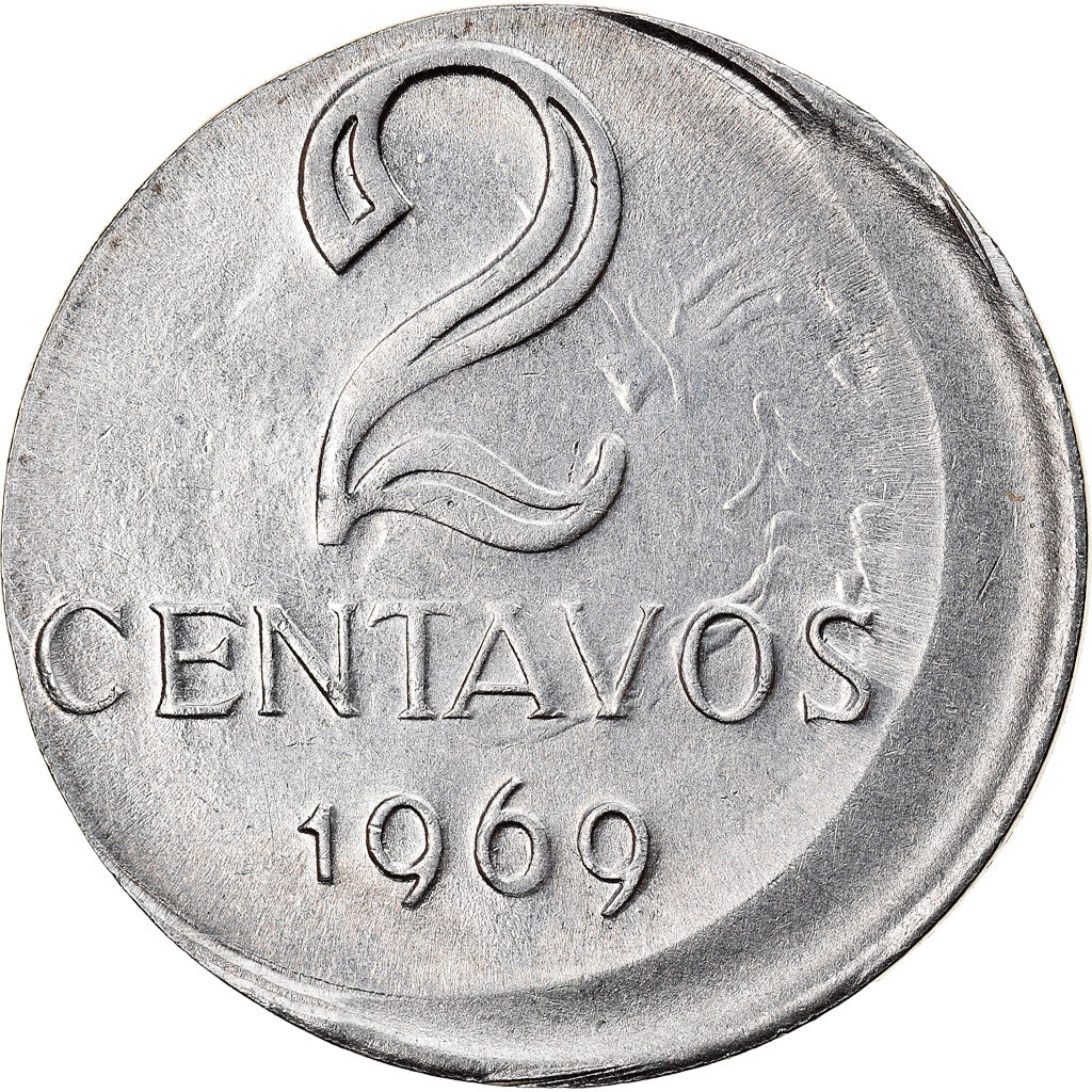 Moneda, Brasil, 2 Centavos, 1969, error off center strike, MBC+, Acero