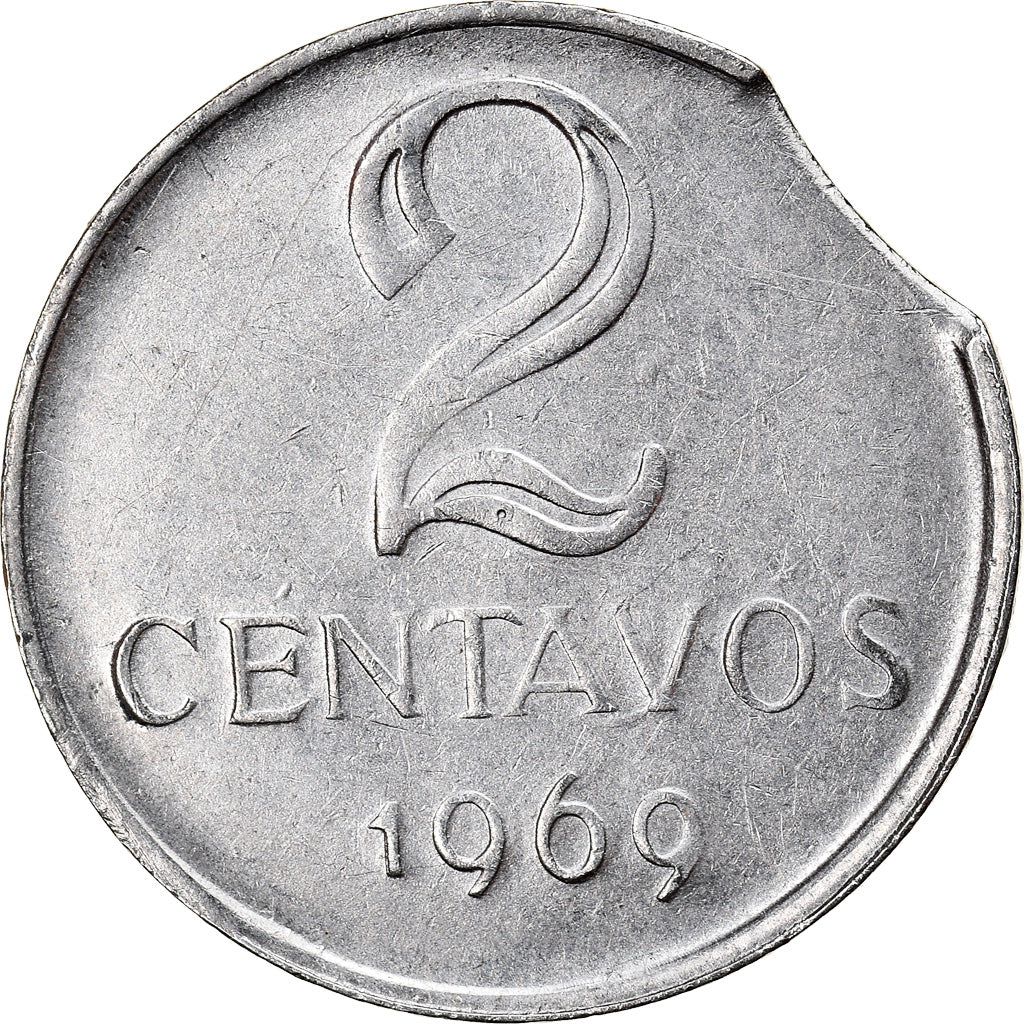 Moneda, Brasil, 2 Centavos, 1969, error clipped planchet, MBC, Acero inoxidable