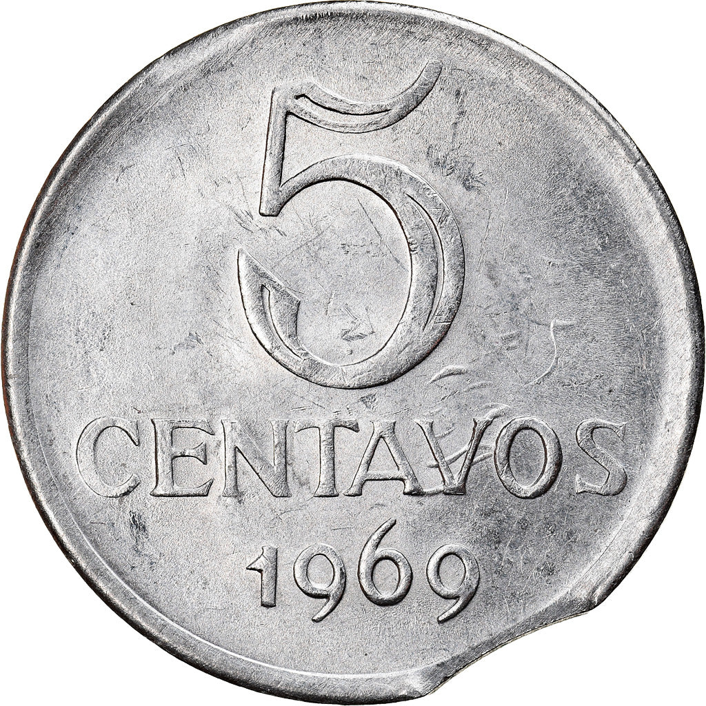 Moneta, Brasile, 5 Centavos, 1969, error clipped planchet, SPL-, Acciaio
