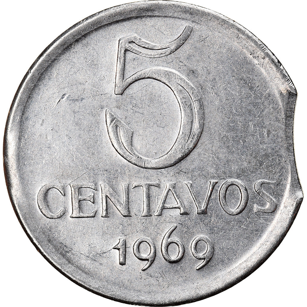 Moeda, Brasil, 5 Centavos, 1969, error clipped planchet, AU(55-58), Aço