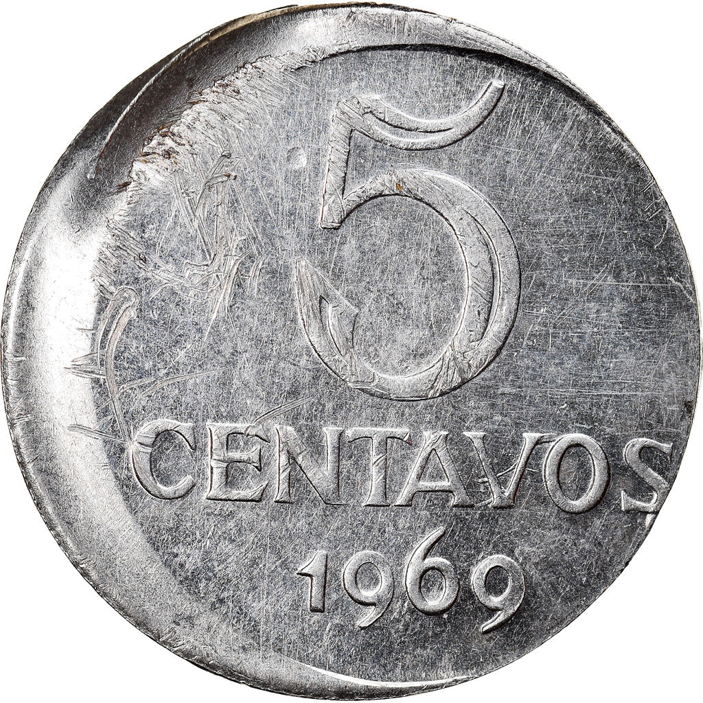 Monnaie, Brésil, 5 Centavos, 1969, error off center strike, TTB+, Stainless