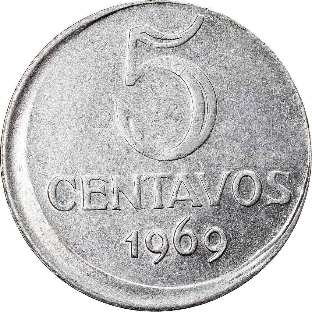 Moeda, Brasil, 5 Centavos, 1969, error off center strike, AU(50-53), Aço