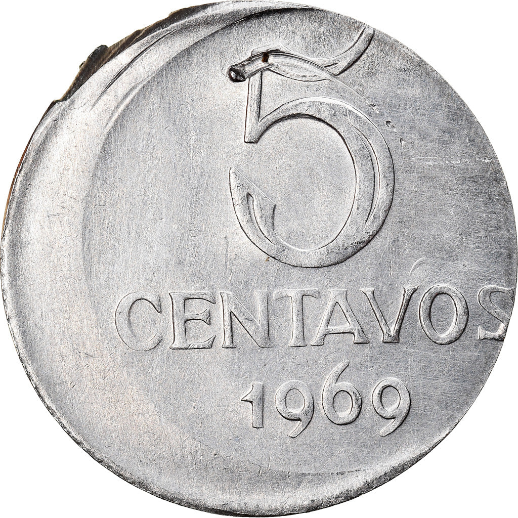 Moneda, Brasil, 5 Centavos, 1969, error off center strike, MBC+, Acero