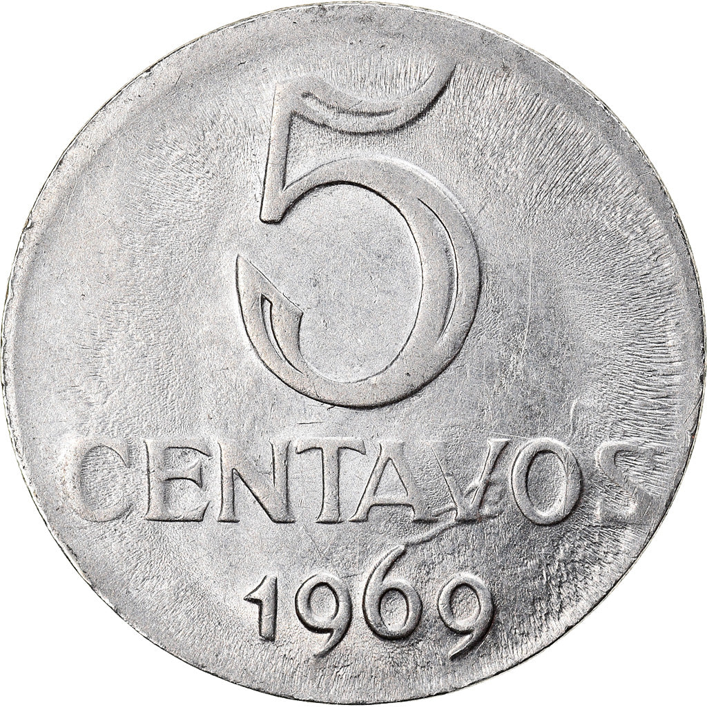 Moneda, Brasil, 5 Centavos, 1969, planchet error, MBC+, Acero inoxidable