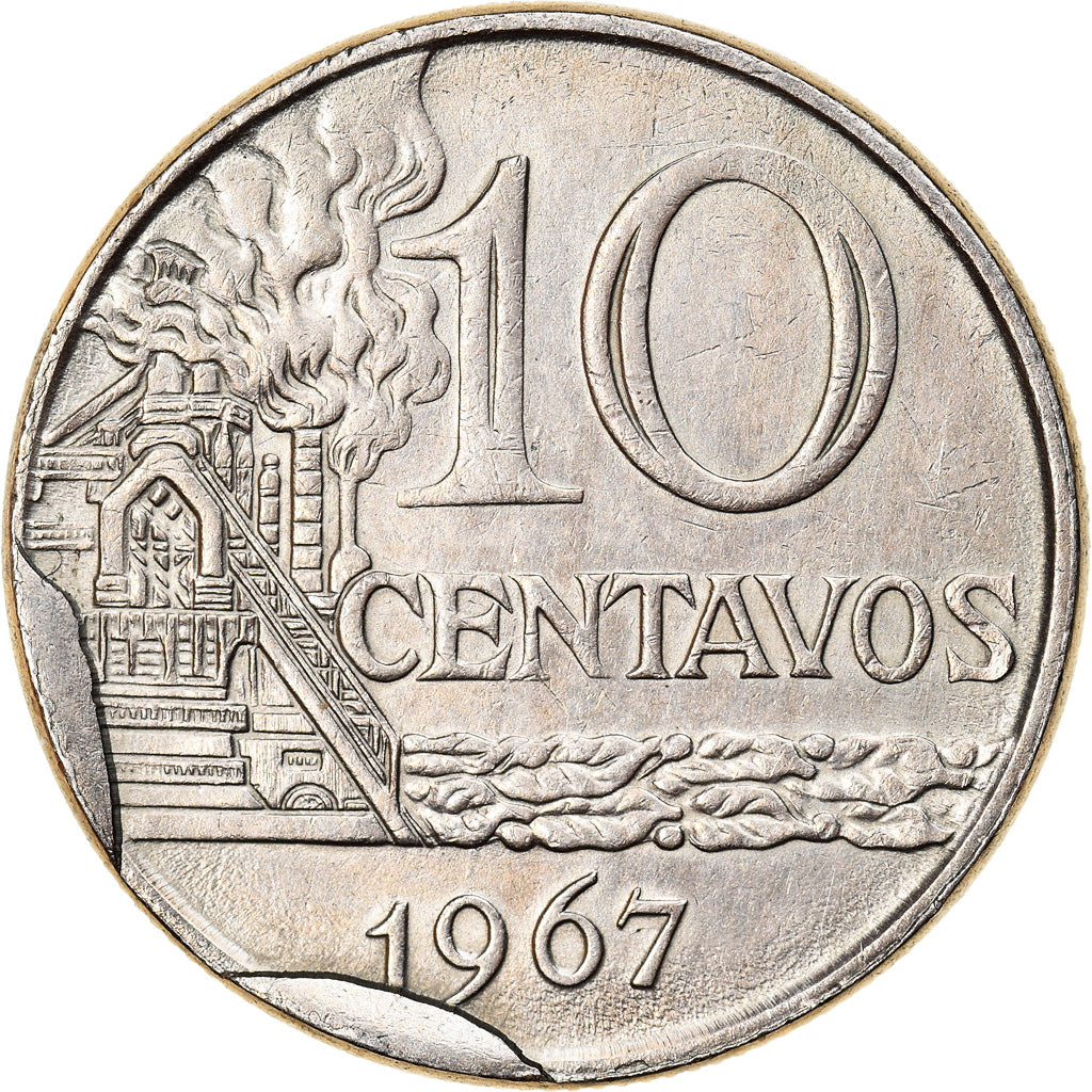 Monnaie, Brésil, 10 Centavos, 1967, error die break, TTB+, Copper-nickel