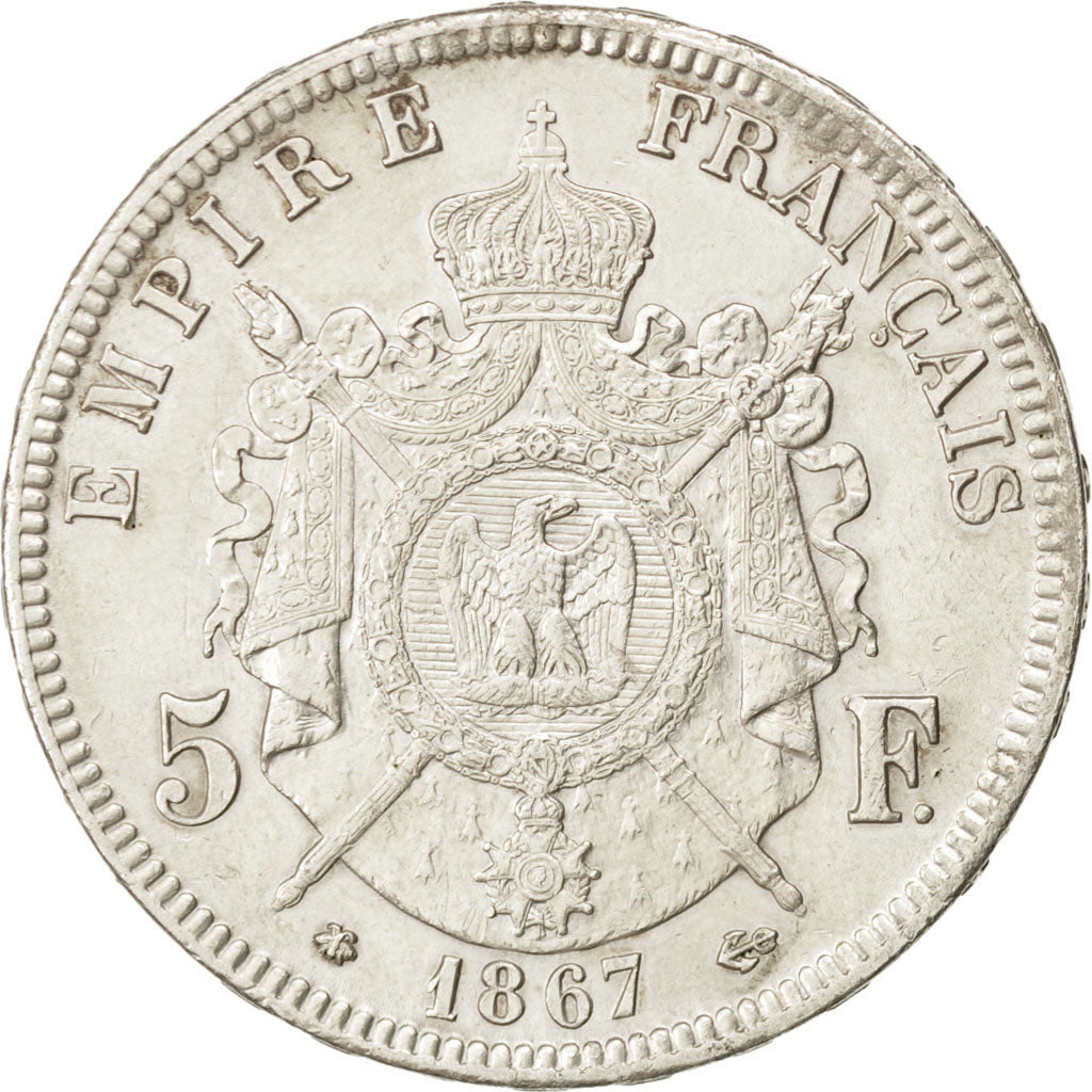 FRANCE, Napoléon III, 5 Francs, 1867, Paris, KM #799.1, AU(50-53), Silver, G...