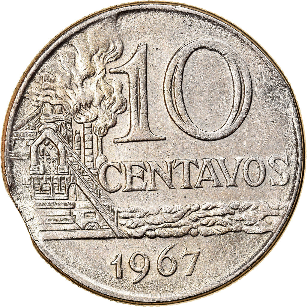 Moeda, Brasil, 10 Centavos, 1967, error clipped planchet, EF(40-45)