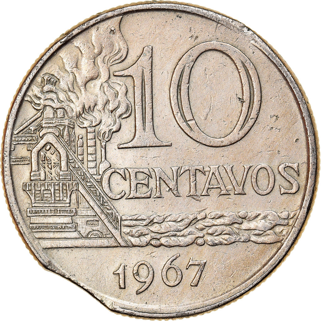 Monnaie, Brésil, 10 Centavos, 1967, error clipped planchet, TTB, Copper-nickel