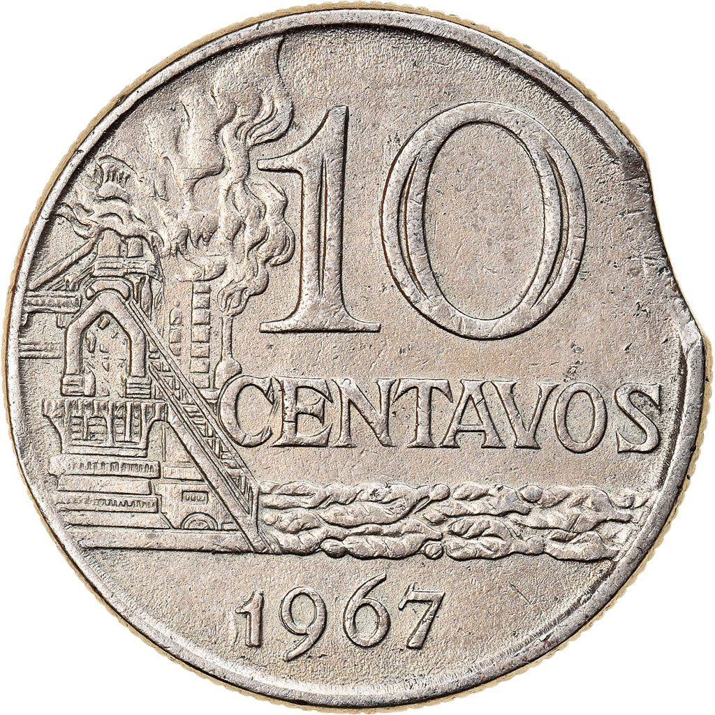 Moeda, Brasil, 10 Centavos, 1967, error clipped planchet, EF(40-45)