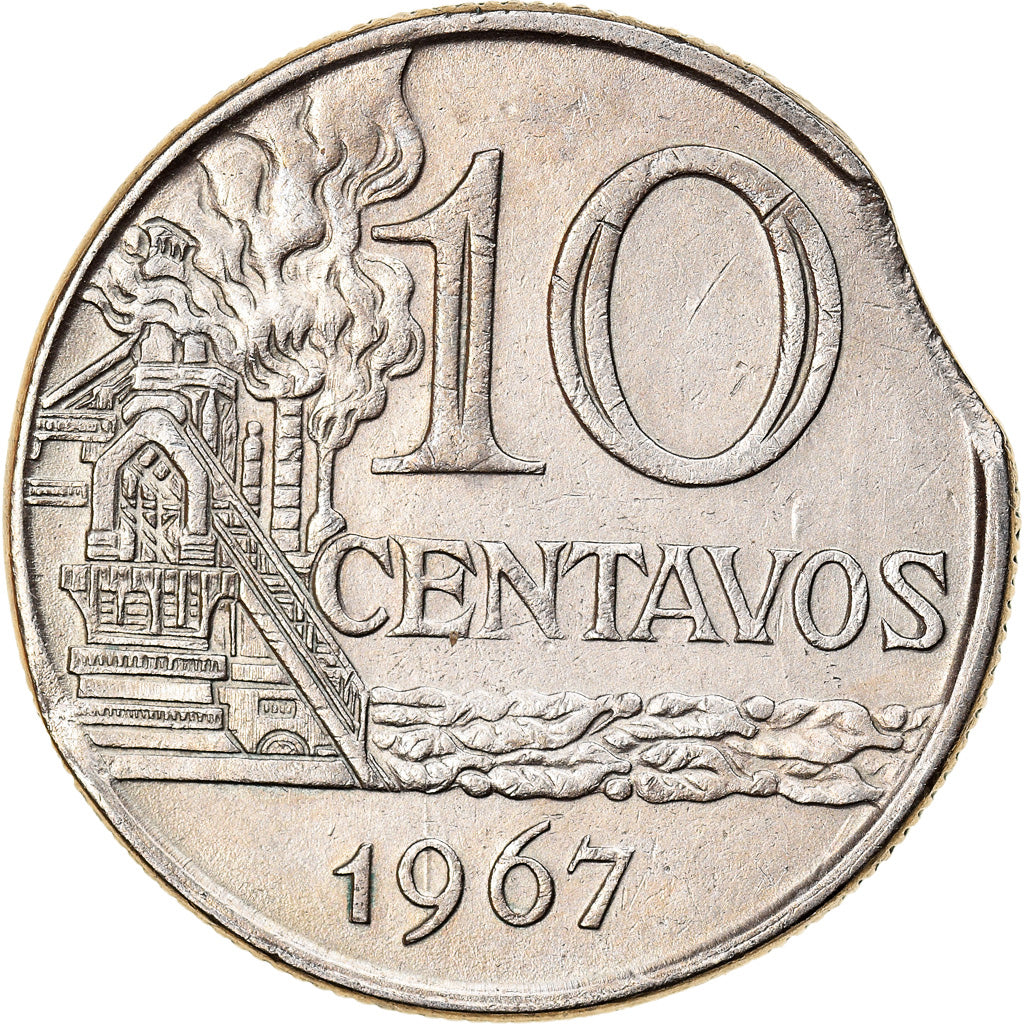 Moneda, Brasil, 10 Centavos, 1967, error clipped planchet, MBC, Cobre - níquel
