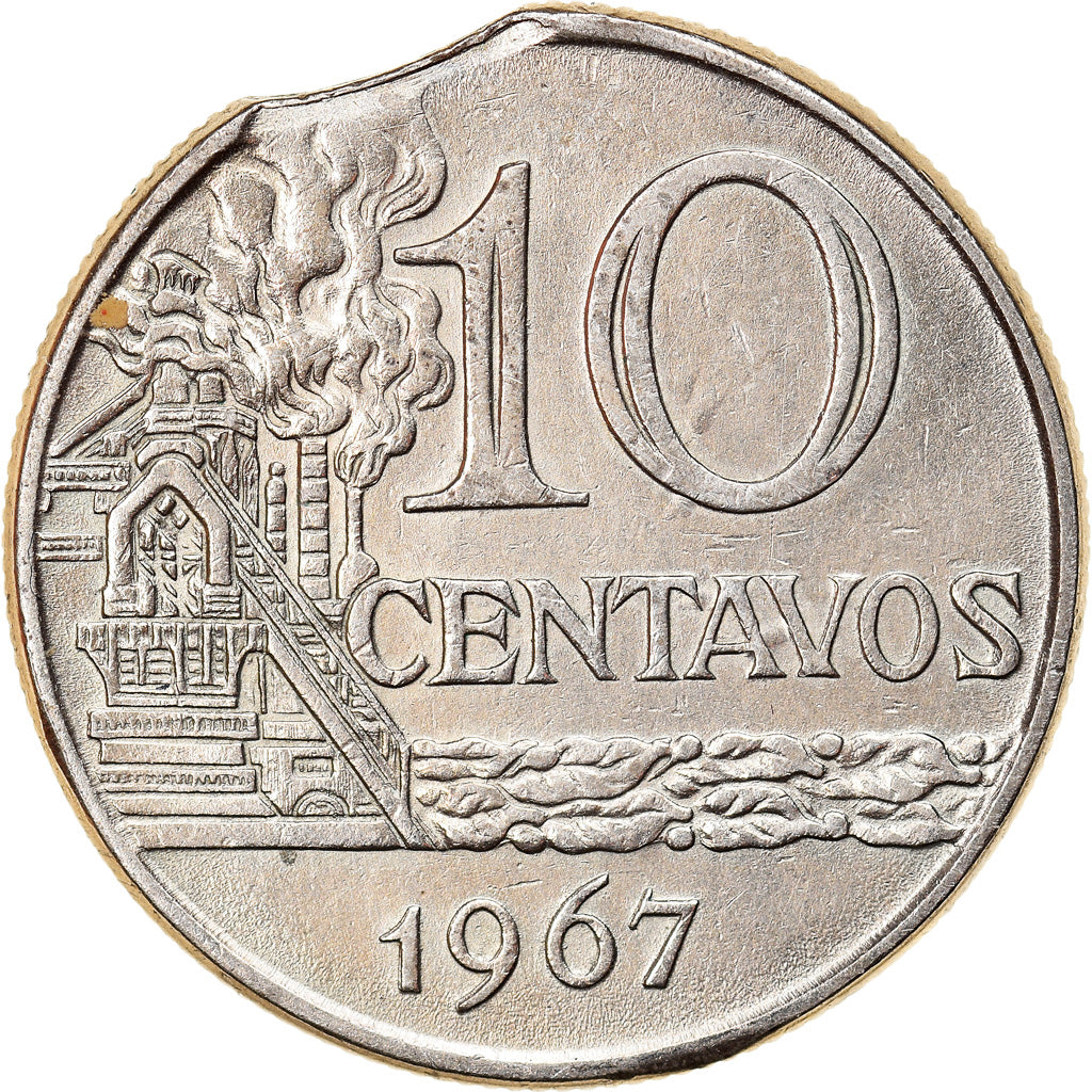 Moeda, Brasil, 10 Centavos, 1967, error clipped planchet, EF(40-45)