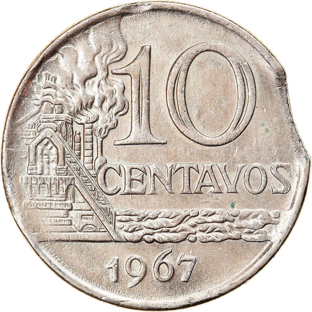 Munten, Brazilië, 10 Centavos, 1967, error clipped planchet, ZF, Copper-nickel