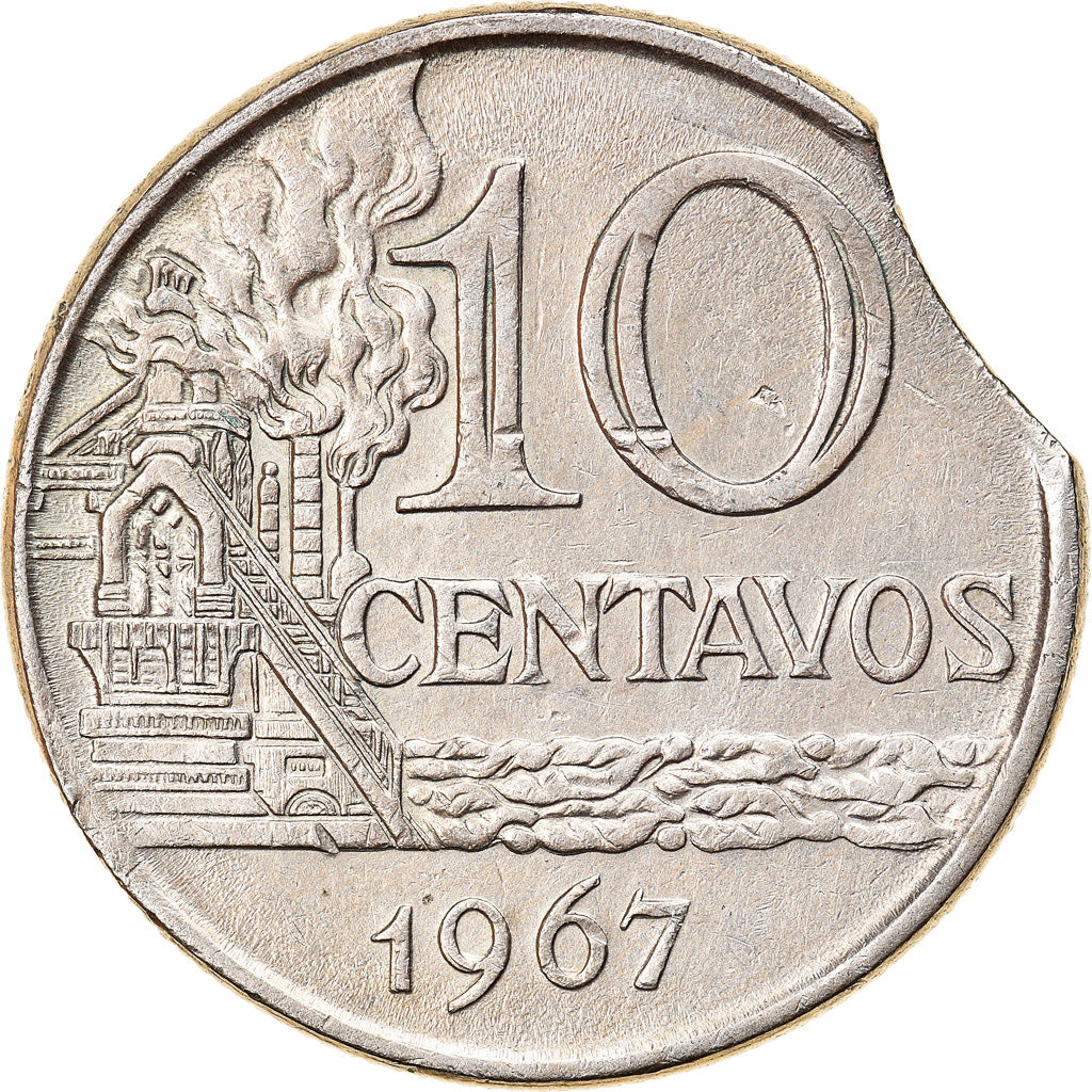 Moneda, Brasil, 10 Centavos, 1967, error clipped planchet, MBC, Cobre - níquel