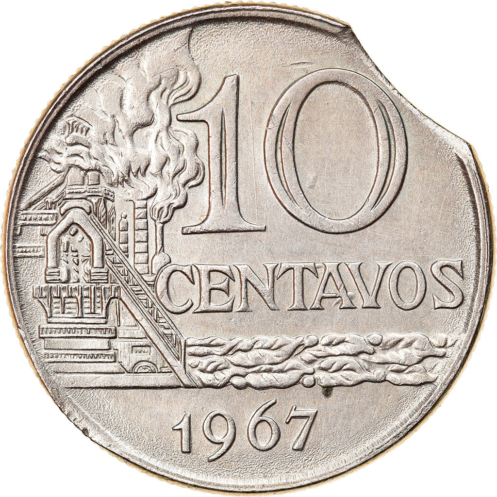 Moneta, Brasile, 10 Centavos, 1967, error clipped planchet, BB, Rame-nichel