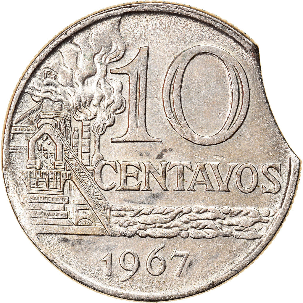 Moeda, Brasil, 10 Centavos, 1967, error clipped planchet, EF(40-45)