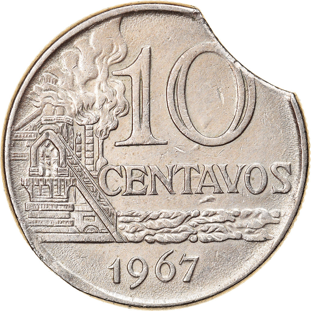 Moneda, Brasil, 10 Centavos, 1967, error clipped planchet, MBC, Cobre - níquel