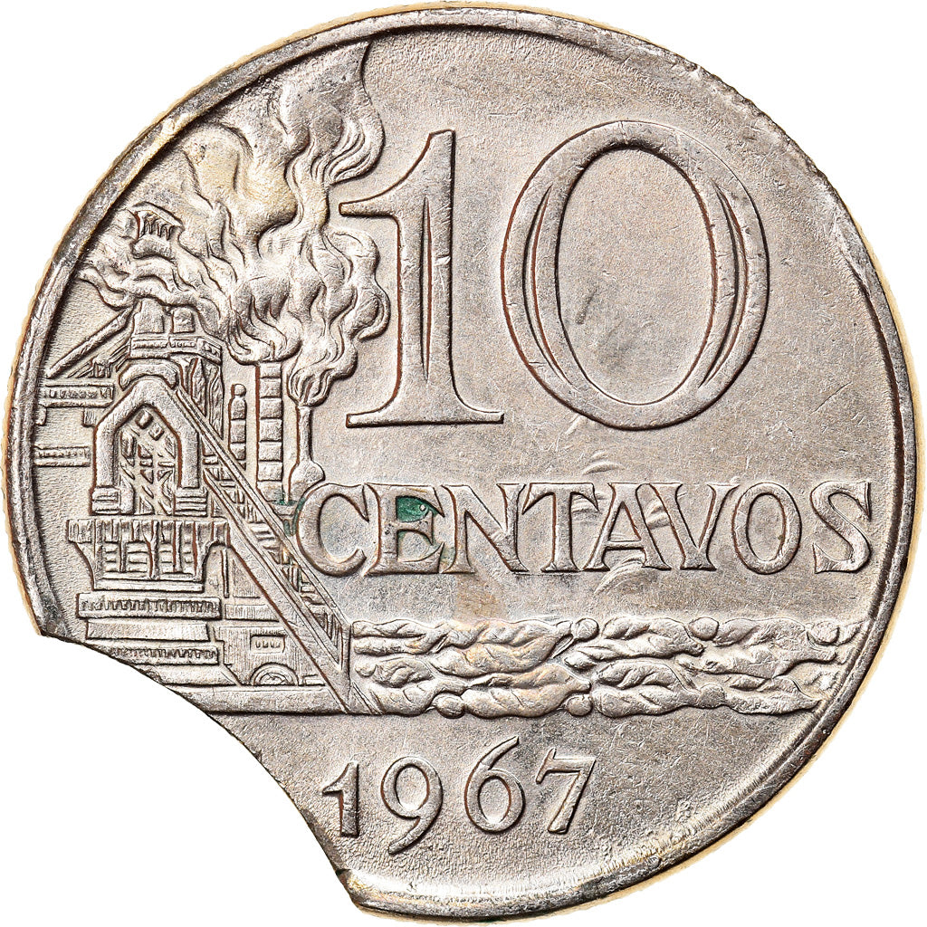 Moneda, Brasil, 10 Centavos, 1967, error clipped planchet, MBC, Cobre - níquel