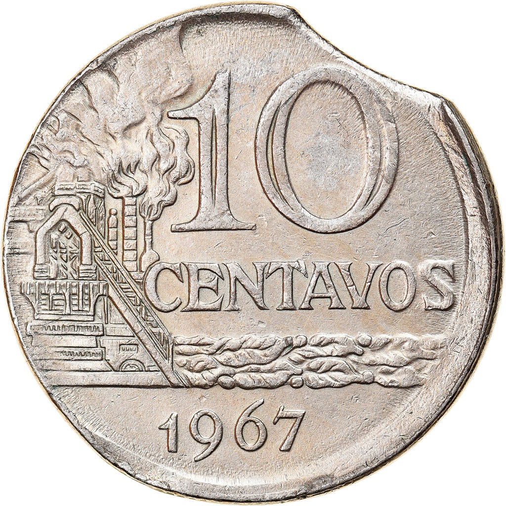 Monnaie, Brésil, 10 Centavos, 1967, error clipped planchet, TTB, Copper-nickel