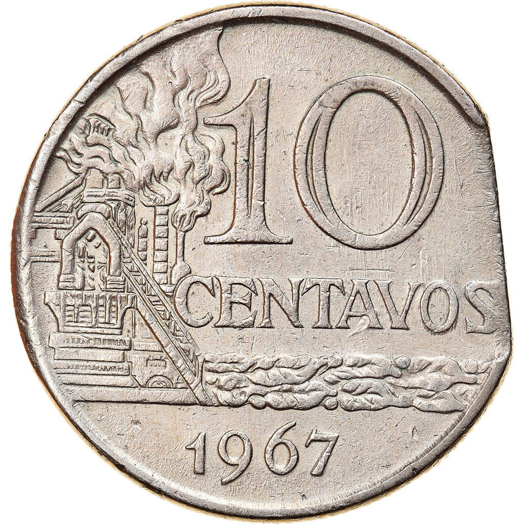 Coin, Brazil, 10 Centavos, 1967, Error straight clip, EF(40-45), Copper-nickel
