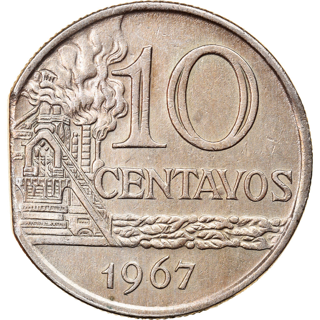 Moneda, Brasil, 10 Centavos, 1967, Error straight clip, MBC, Cobre - níquel