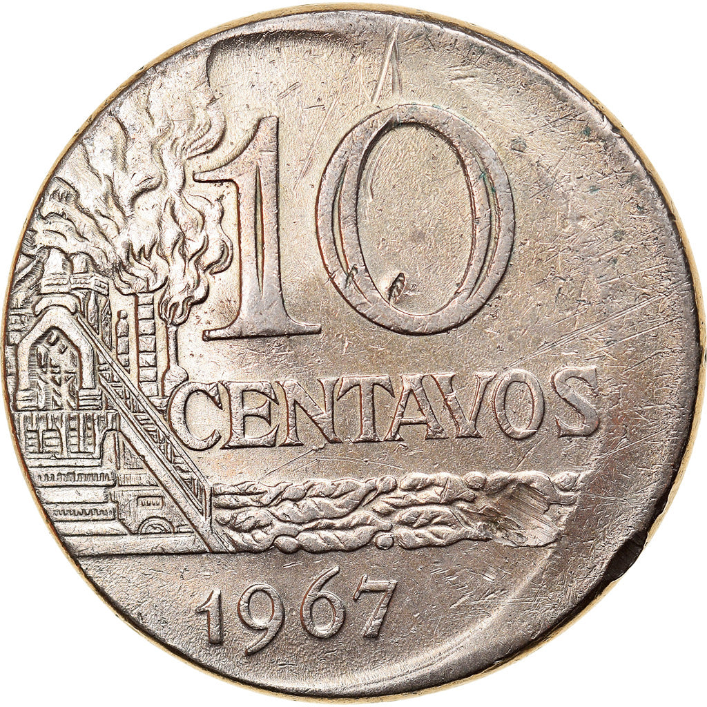 Moneda, Brasil, 10 Centavos, 1967, error off center strike, MBC, Cobre -