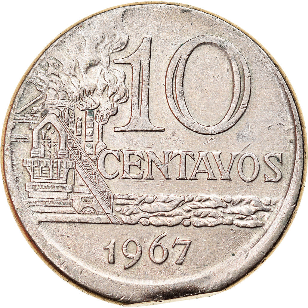 Moneda, Brasil, 10 Centavos, 1967, error off center strike, MBC, Cobre -