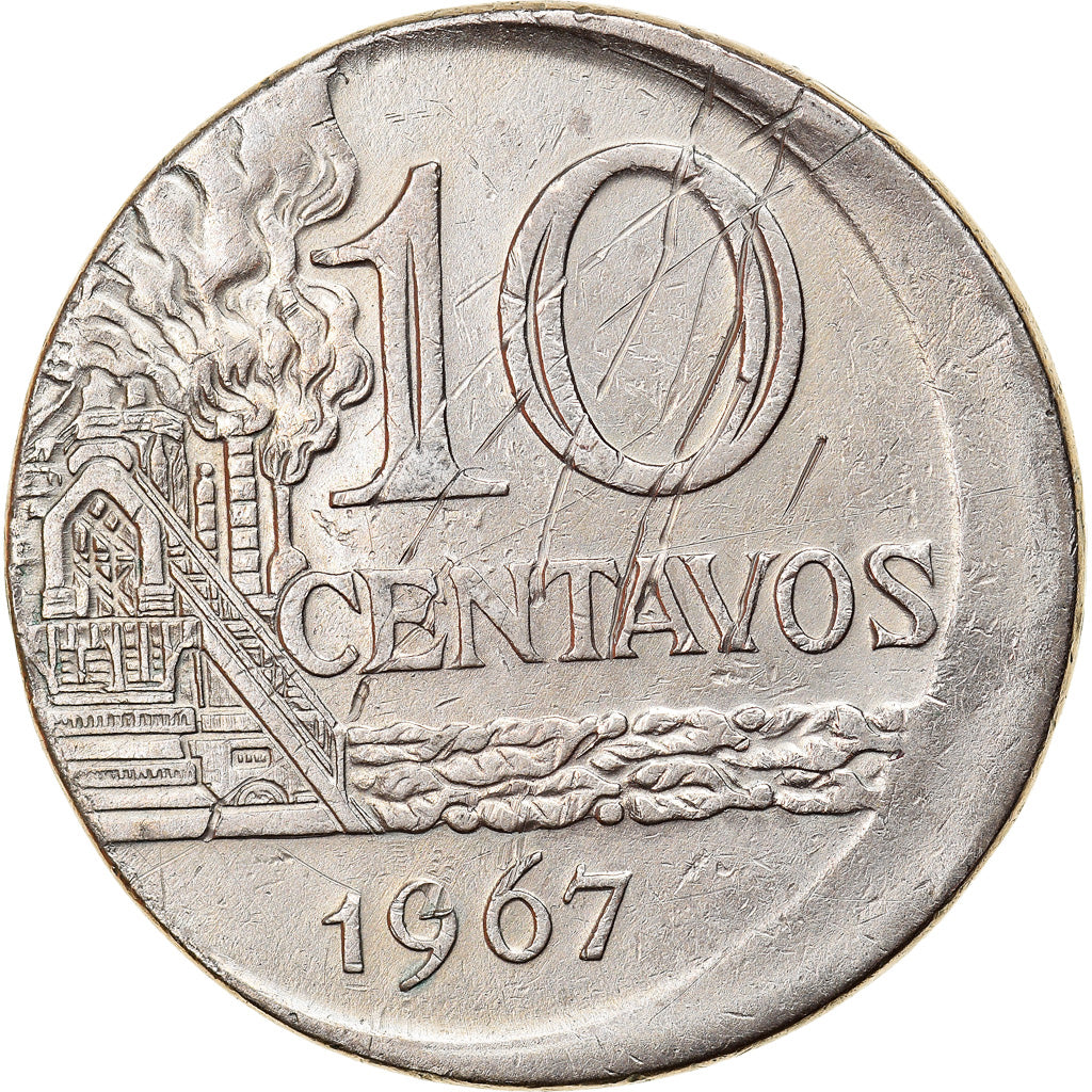 Munten, Brazilië, 10 Centavos, 1967, error off center strike, ZF