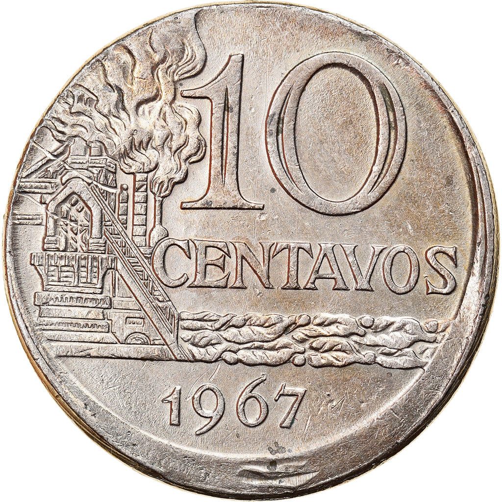 Moneda, Brasil, 10 Centavos, 1967, error off center strike, MBC, Cobre -