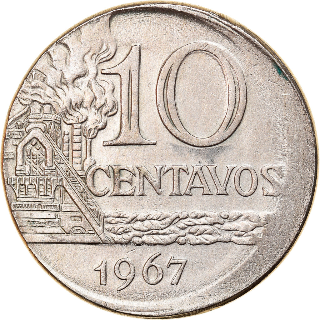 Moeda, Brasil, 10 Centavos, 1967, error off center strike, EF(40-45)