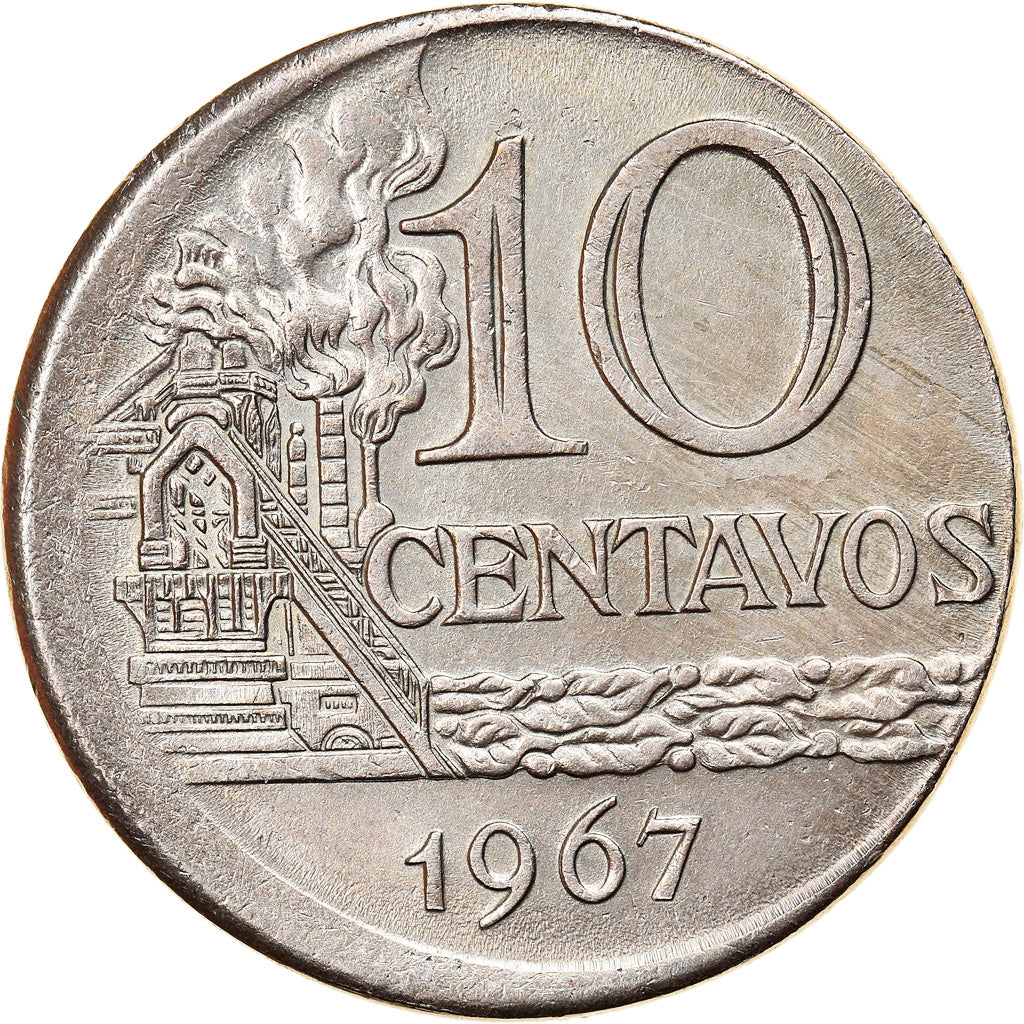 Moneda, Brasil, 10 Centavos, 1967, error off center strike, MBC, Cobre -