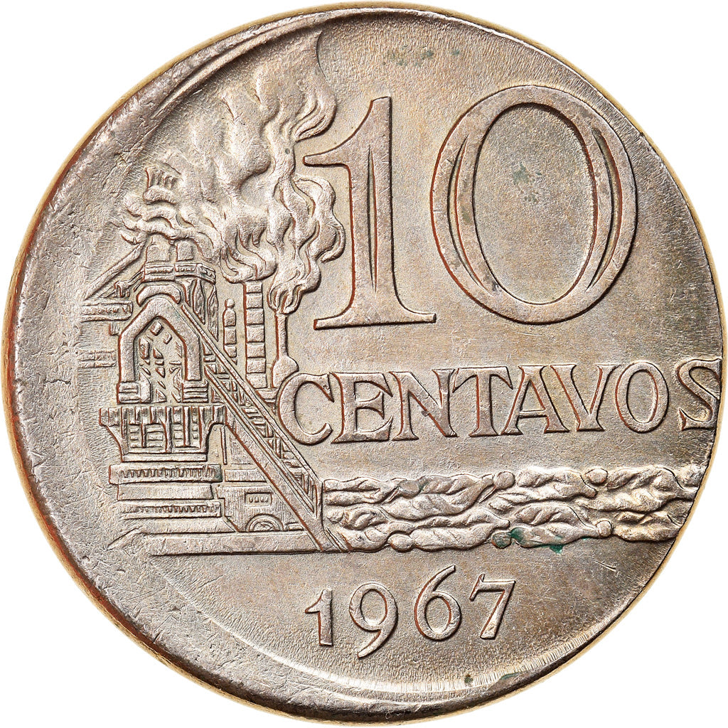 Moneda, Brasil, 10 Centavos, 1967, error off center strike, MBC, Cobre -