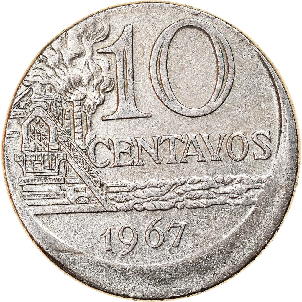 Coin, Brazil, 10 Centavos, 1967, error off center strike, EF(40-45)