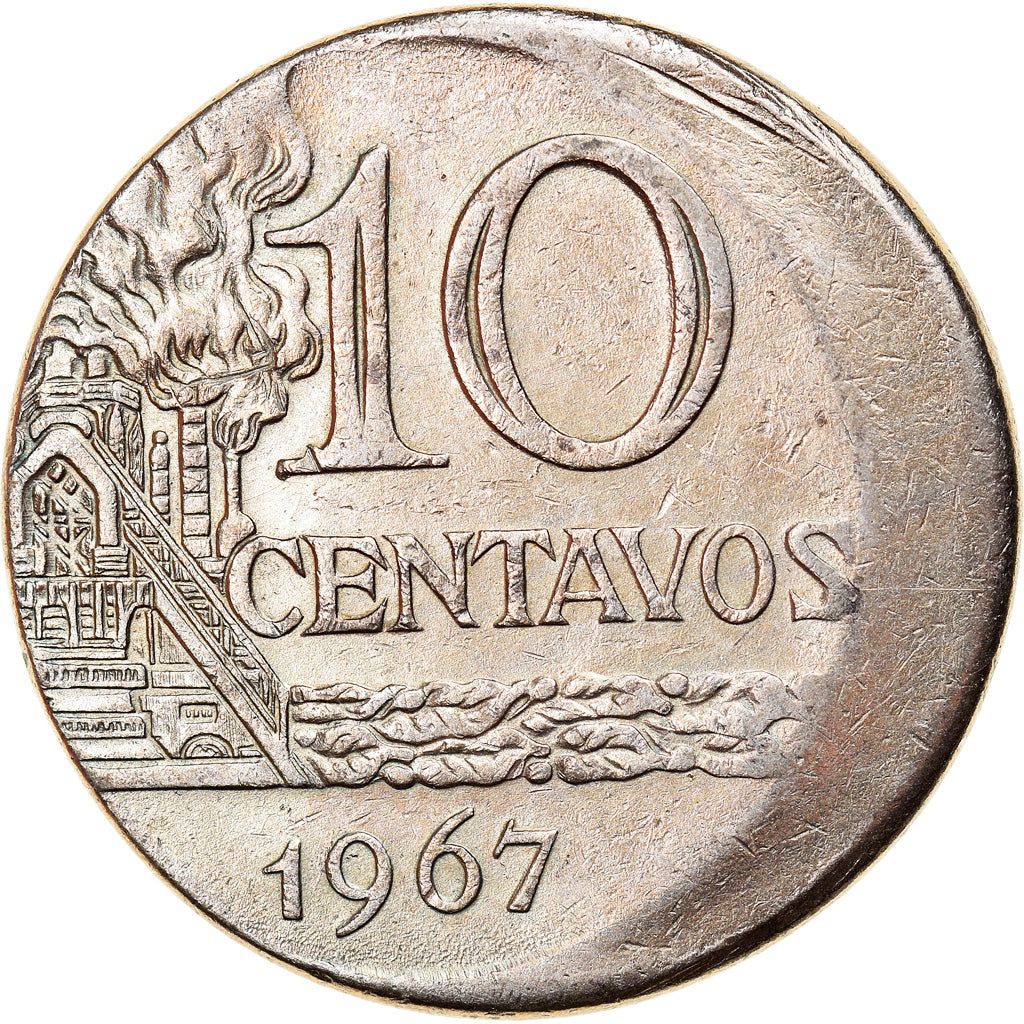 Moneda, Brasil, 10 Centavos, 1967, error off center strike, MBC, Cobre -