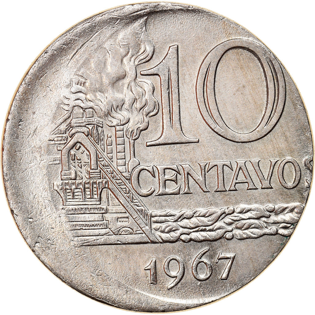 Moneda, Brasil, 10 Centavos, 1967, error off center strike, MBC, Cobre -
