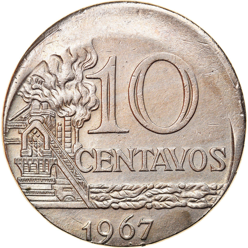 Moneda, Brasil, 10 Centavos, 1967, error off center strike, MBC, Cobre -