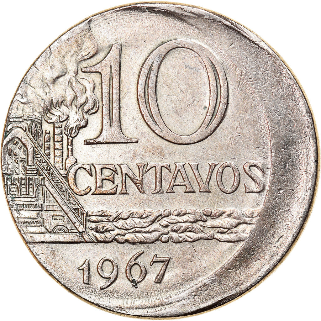 Moeda, Brasil, 10 Centavos, 1967, error off center strike, EF(40-45)