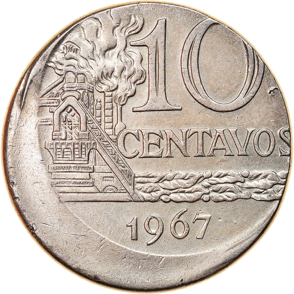 Coin, Brazil, 10 Centavos, 1967, error off center strike, EF(40-45)